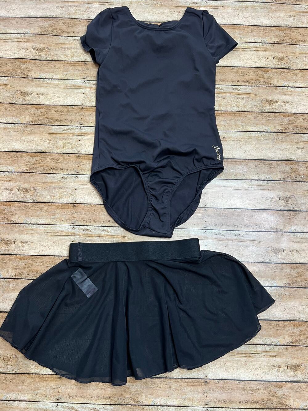 Justice Black Bow Back Dance Leotard w Sheer Skirt Girls Size XS (5/6)